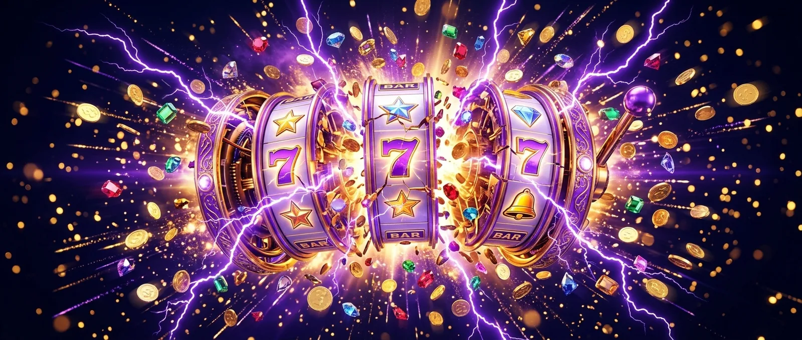 Zodiac casino slot reels exploding with gold coins, gems and violet lightning